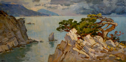Windswept pine tree on rugged white rocks by sea, oil painting Before the storm Yarovaya N. S