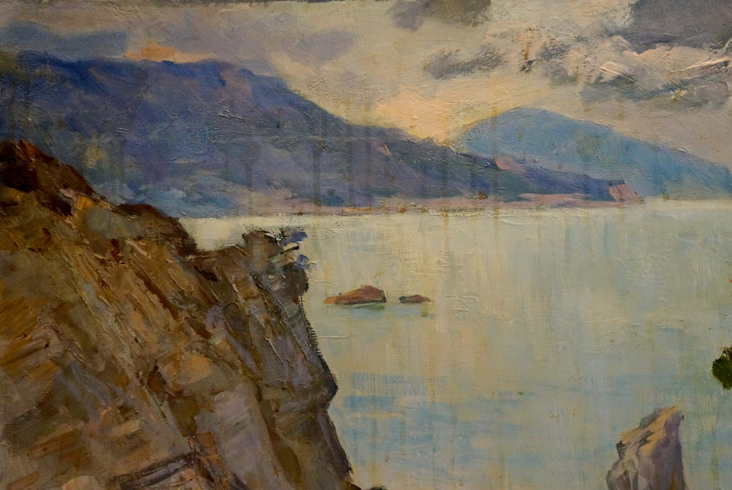 Oil painting Before the Storm by Yarovaya N.S.: serene lakeside cliffs