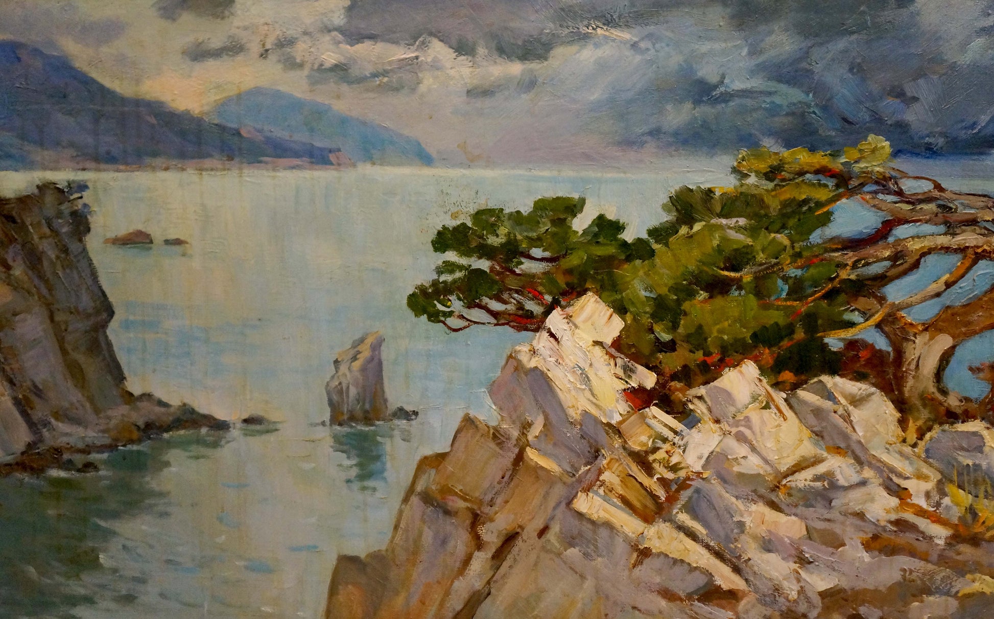 Oil painting Before the Storm by Yarovaya N.S.: gnarled pine on rocks by calm sea