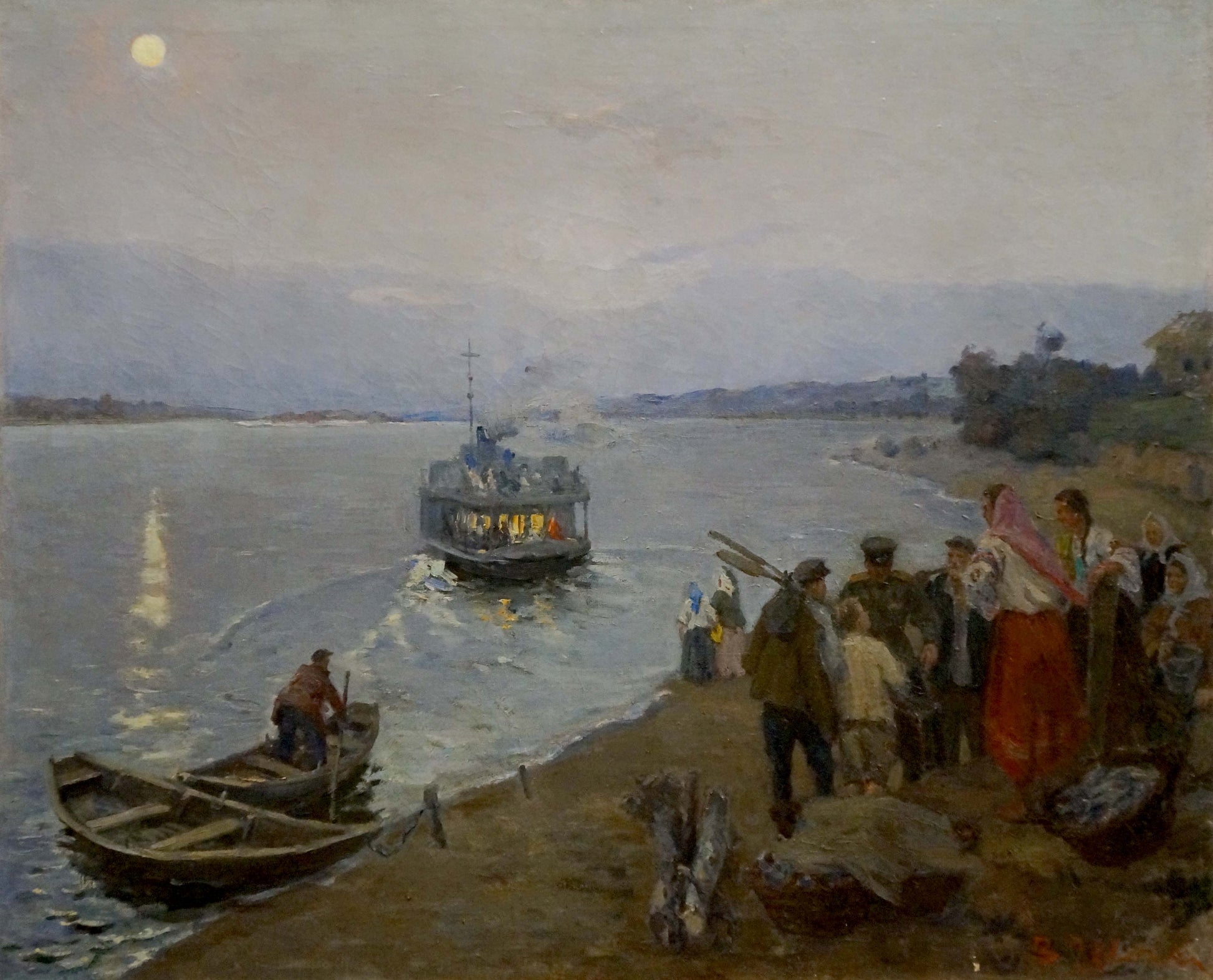 Oil painting Departure by Tsvetkova Valentina Petrovna: steamboat glides under moonlit sky