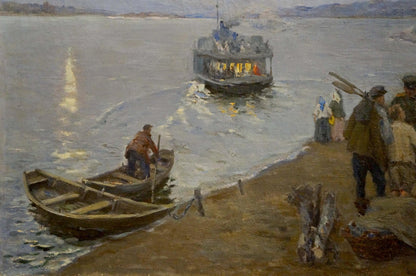 Oil painting Departure by Tsvetkova Valentina Petrovna: dark ferry glides to shore