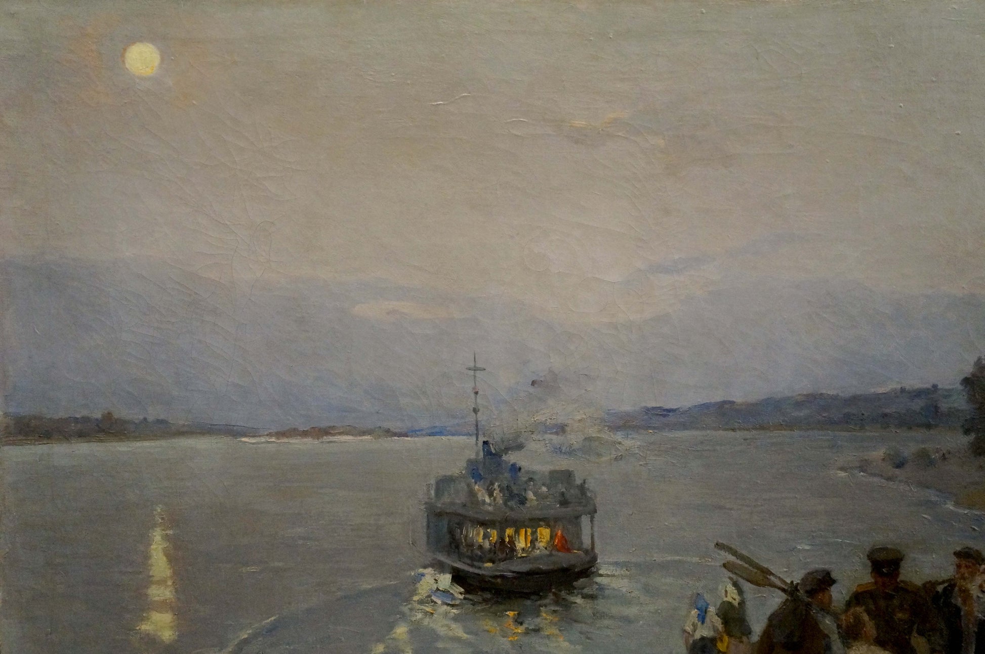 Oil painting Departure by Tsvetkova Valentina Petrovna: dimly lit riverboat under pale yellow moon