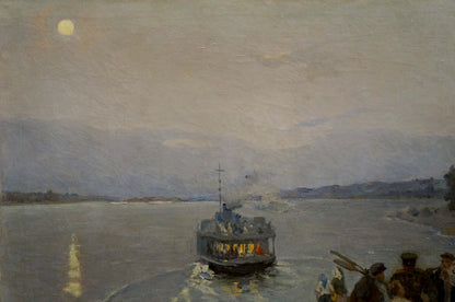 Oil painting Departure by Tsvetkova Valentina Petrovna: dimly lit riverboat under pale yellow moon