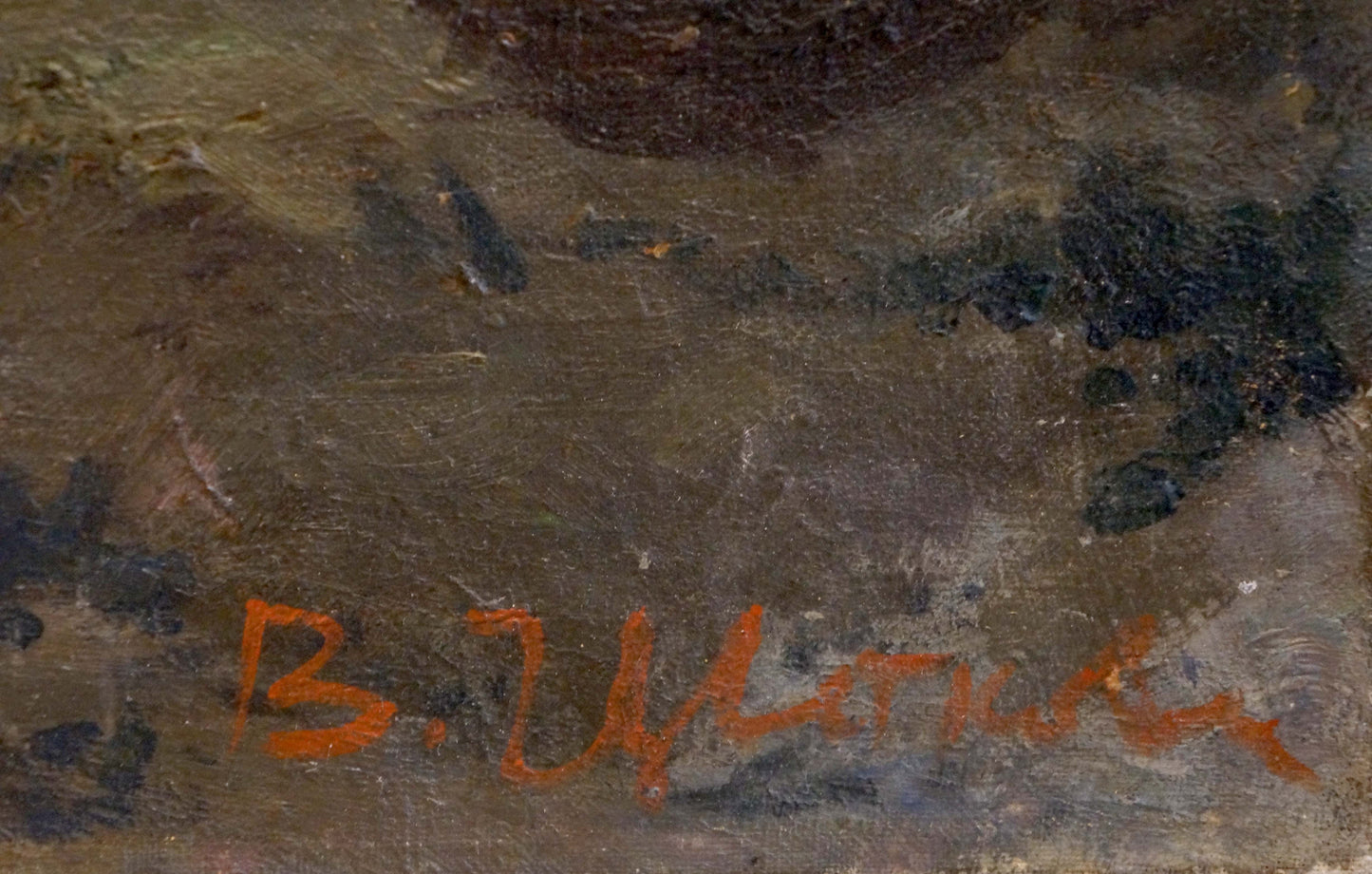 Back of oil painting Departure by Tsvetkova Valentina Petrovna with orange cursive b signature