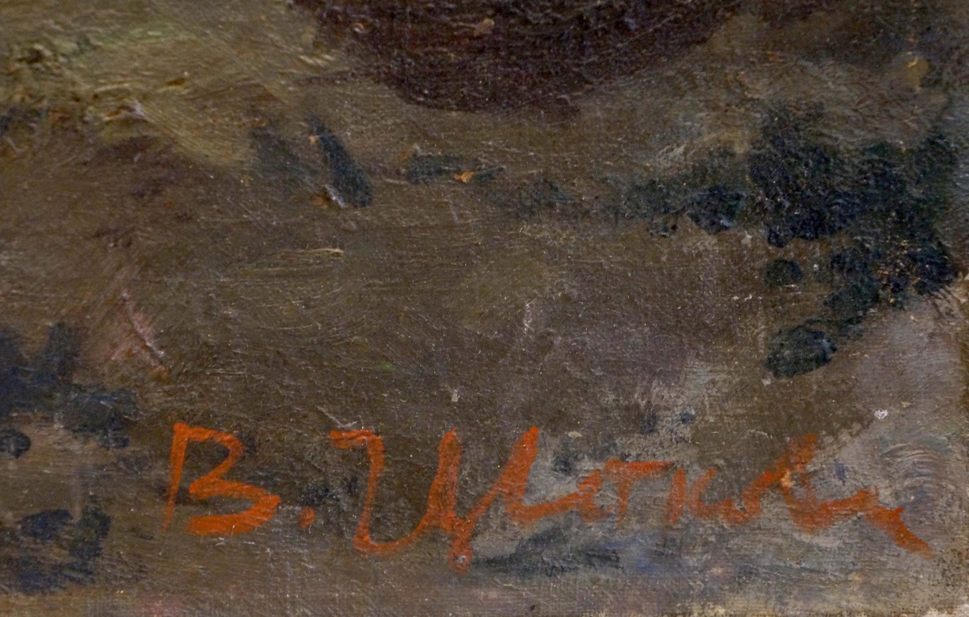Back of oil painting Departure by Tsvetkova Valentina Petrovna with orange cursive b signature