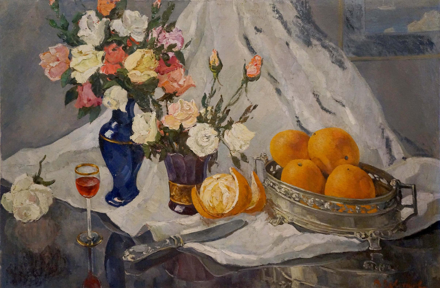 Oil painting by Tsvetkova Valentina Petrovna: silver tray with oranges