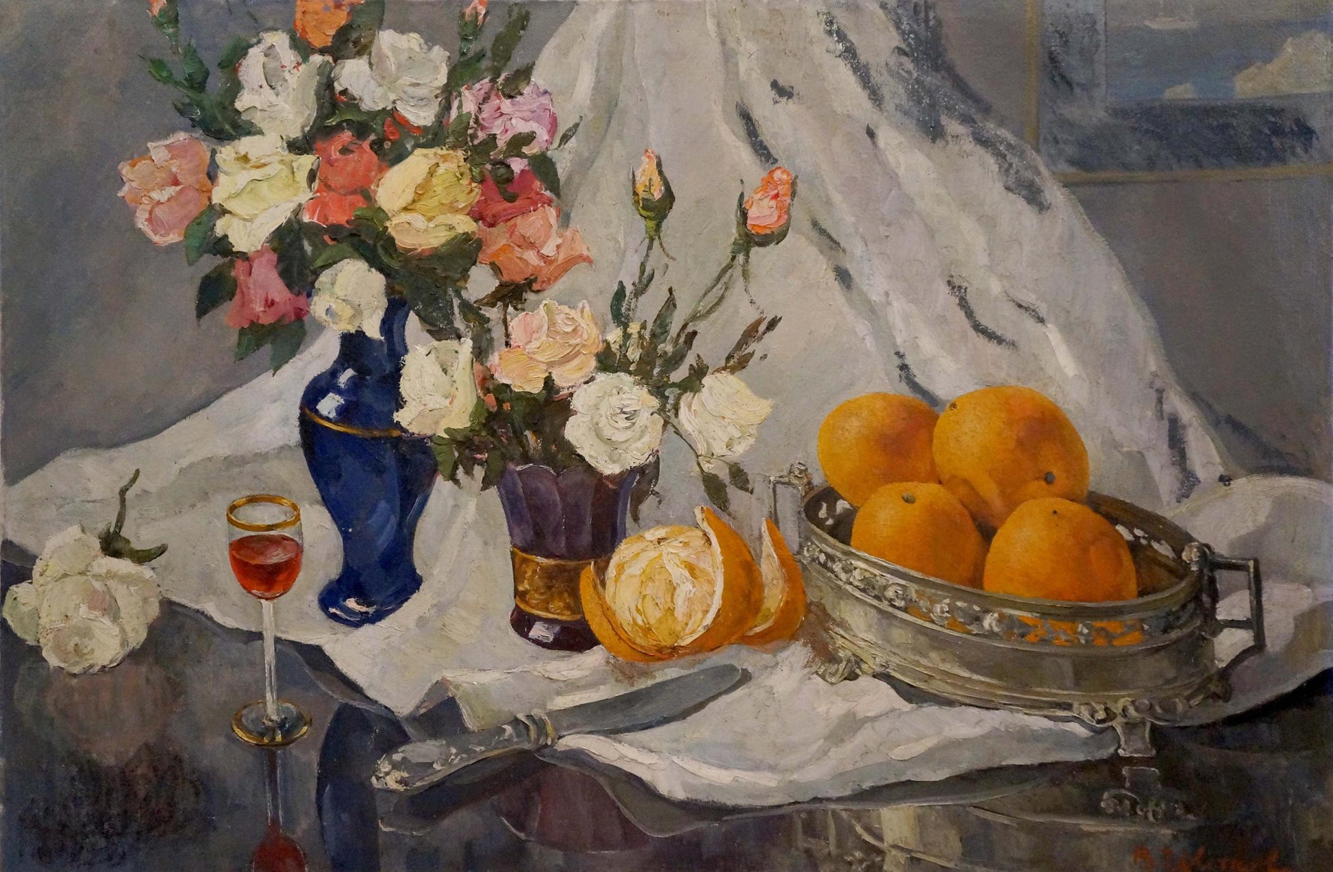 Oil painting by Tsvetkova Valentina Petrovna: silver tray with oranges