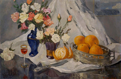 Oil painting by Tsvetkova Valentina Petrovna: silver tray with oranges