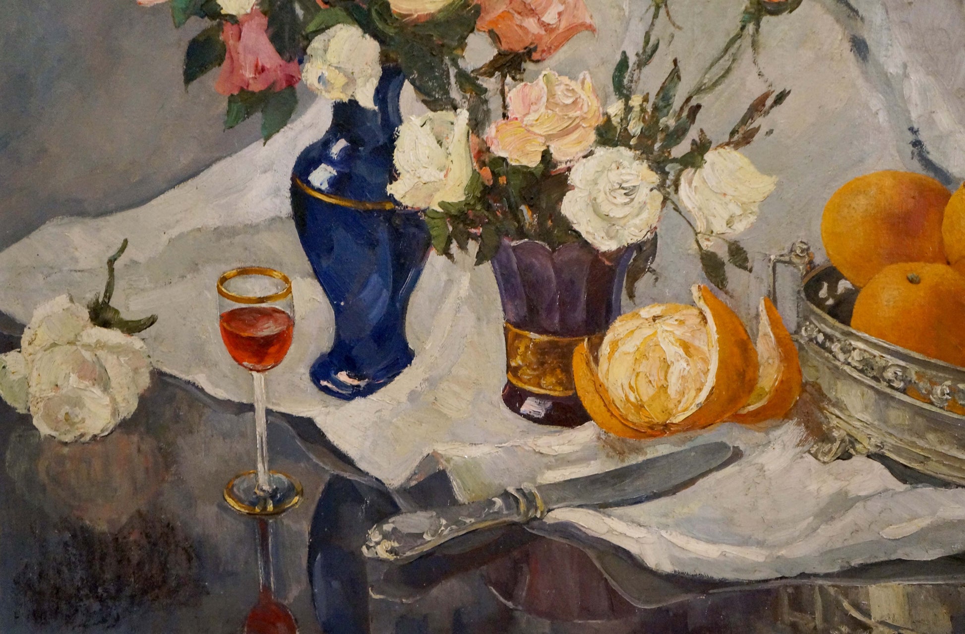 Oil painting of deep blue vase with gold trim and pink white roses by Tsvetkova Valentina Petrovna