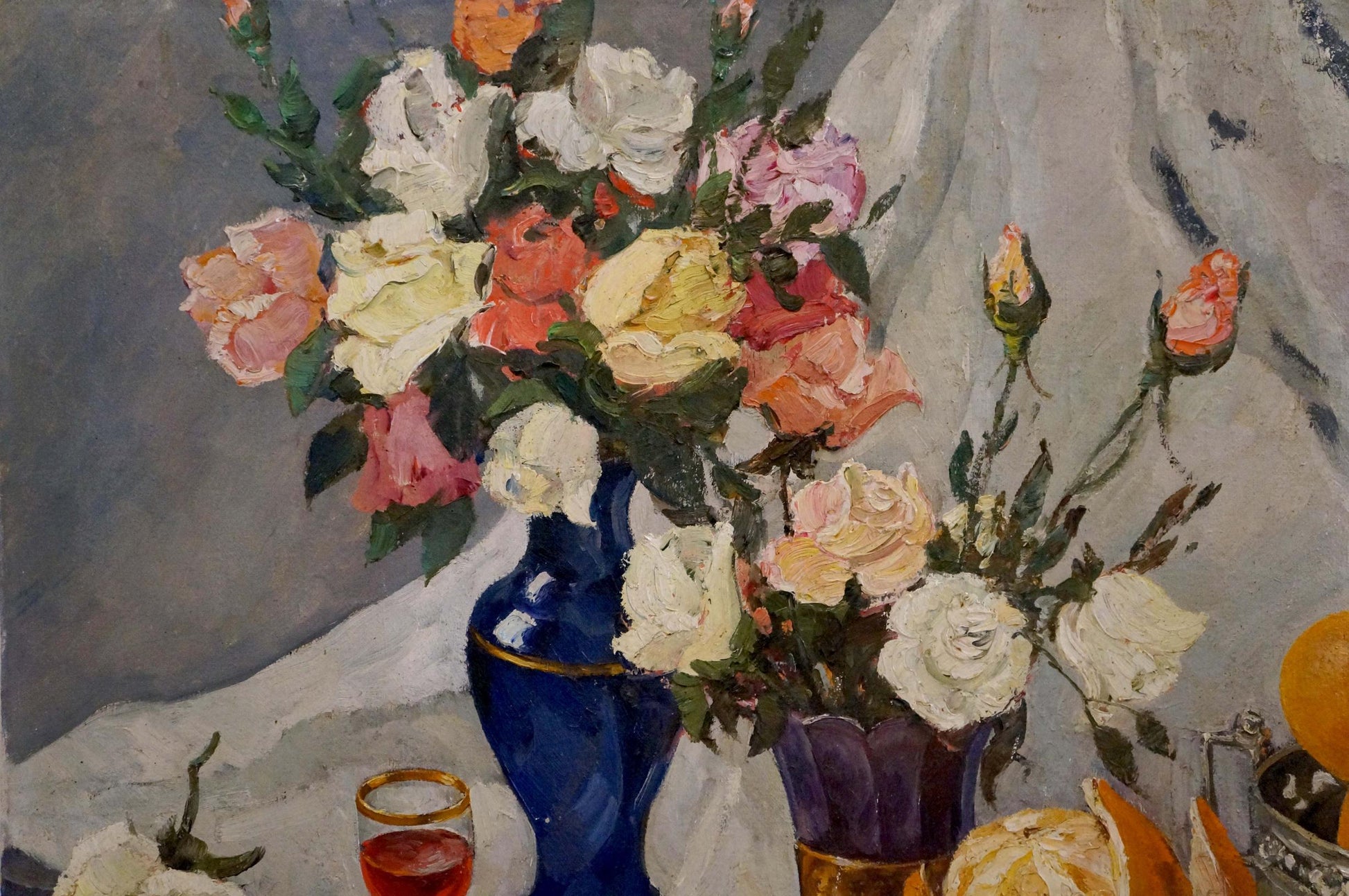 Oil painting of vibrant roses in blue gold vase by Tsvetkova Valentina Petrovna