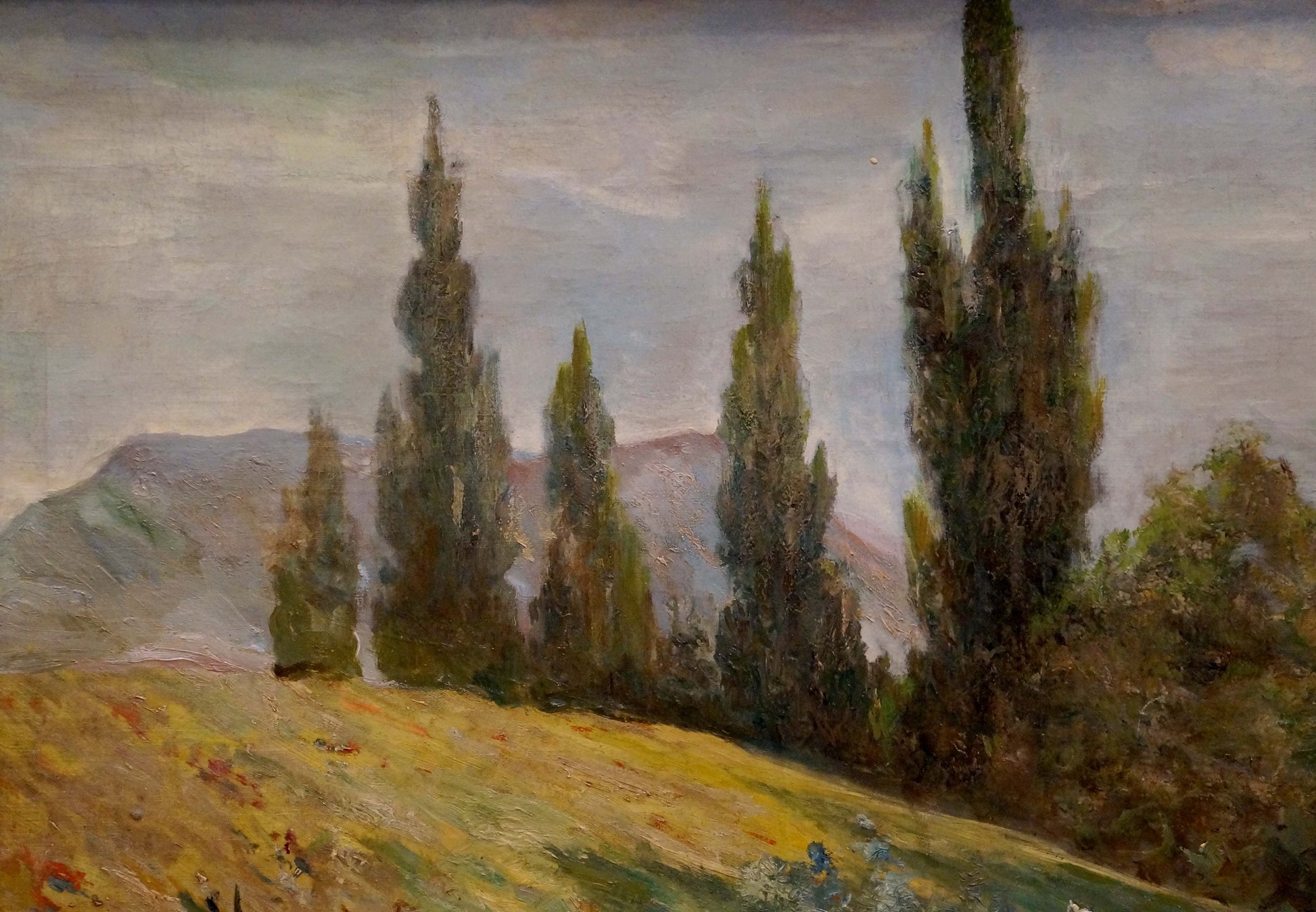 Serene oil painting Rain is coming by Paul Christiaan Bos with cypress trees