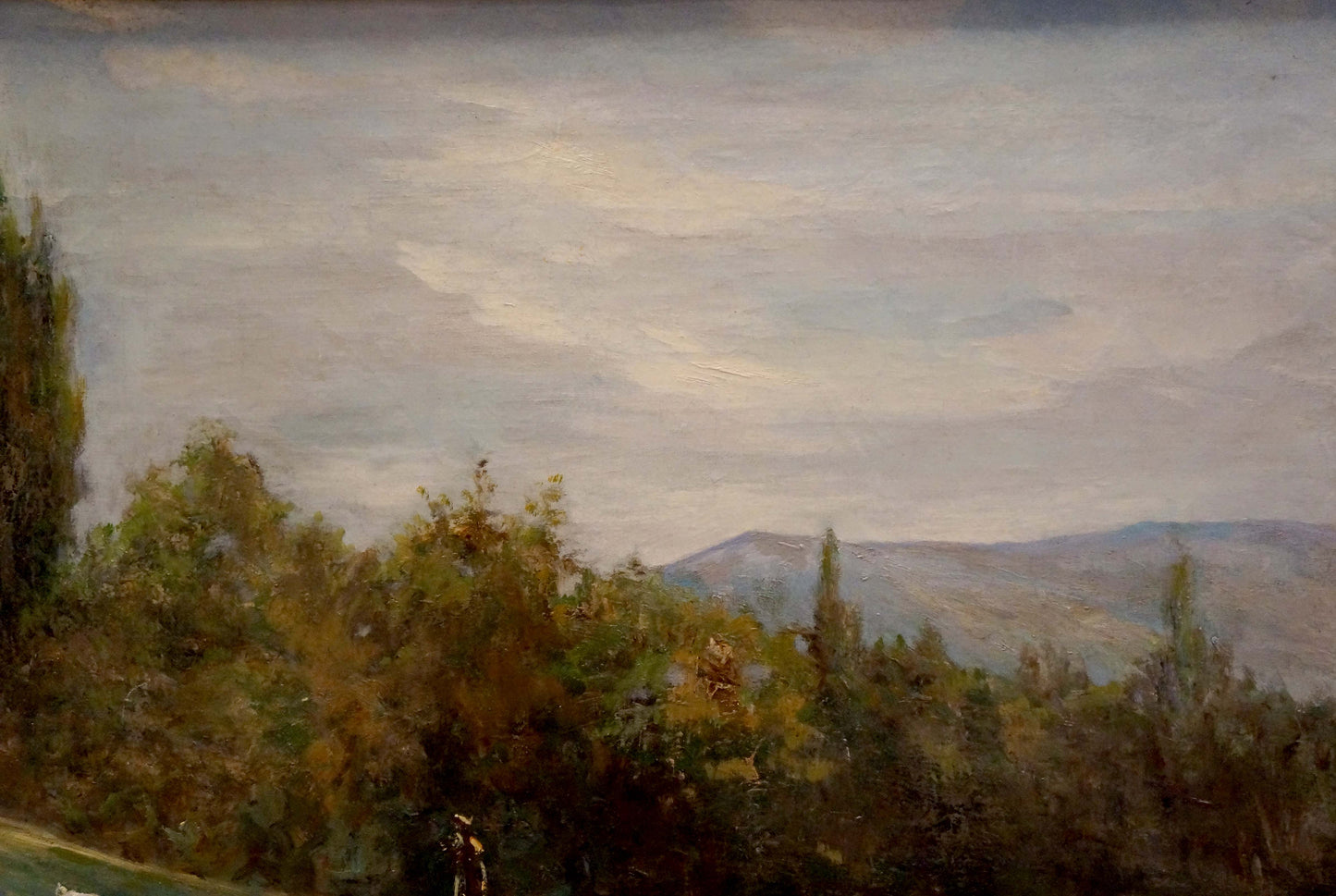Oil painting Rain is coming by Paul Christiaan Bos: impressionistic hills, foliage, cloudy sky