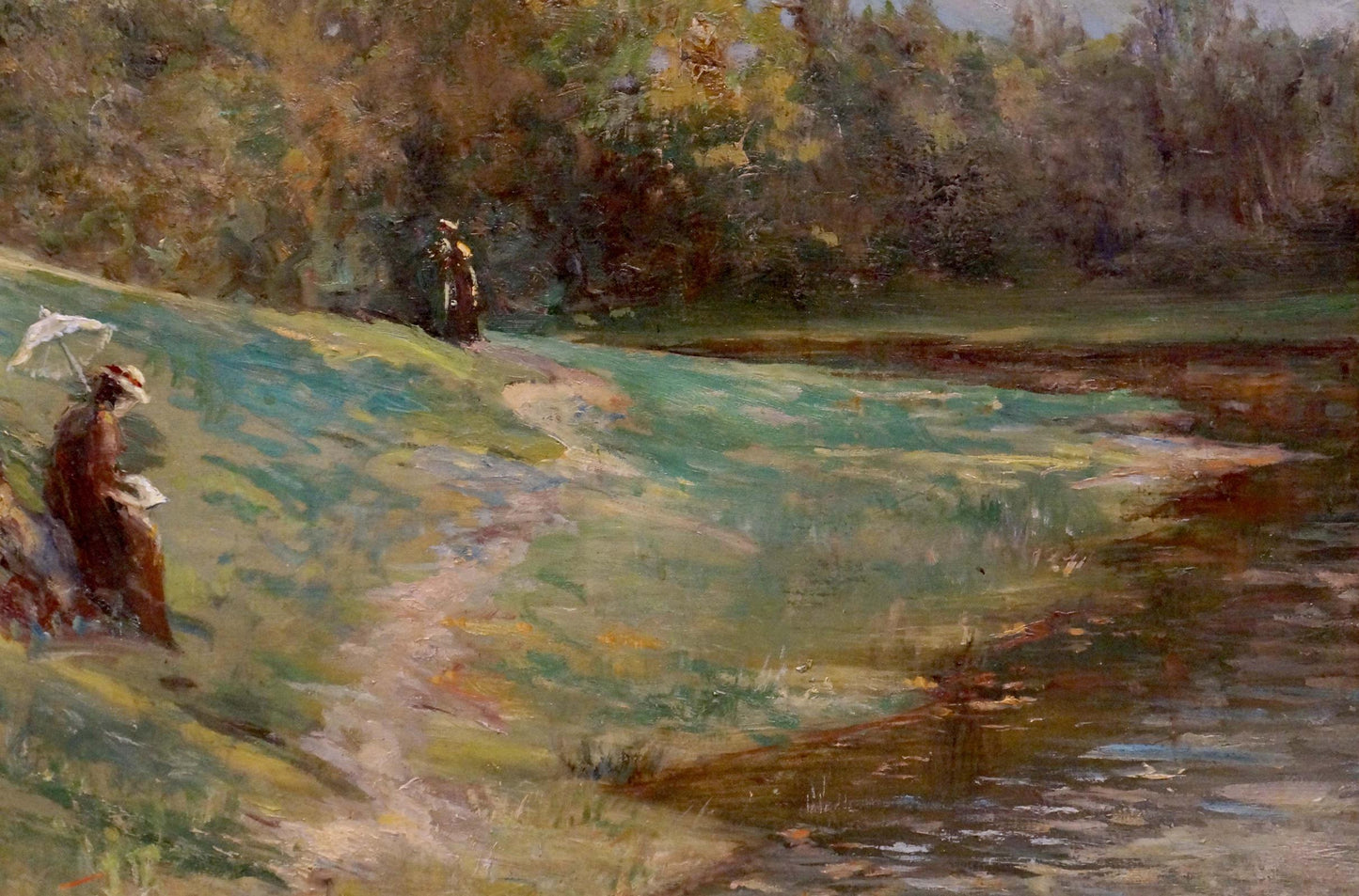 Oil painting Rain is coming by Paul Christiaan Bos: woman in brown dress with white parasol on grassy bank