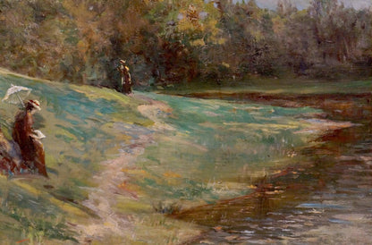 Oil painting Rain is coming by Paul Christiaan Bos: woman in brown dress with white parasol on grassy bank