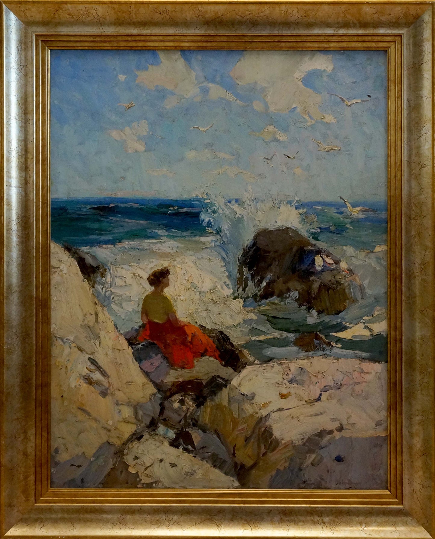 Oil painting by Y. Yarovoy Stepan Kalinovich: woman in red dress on cliffs by ocean