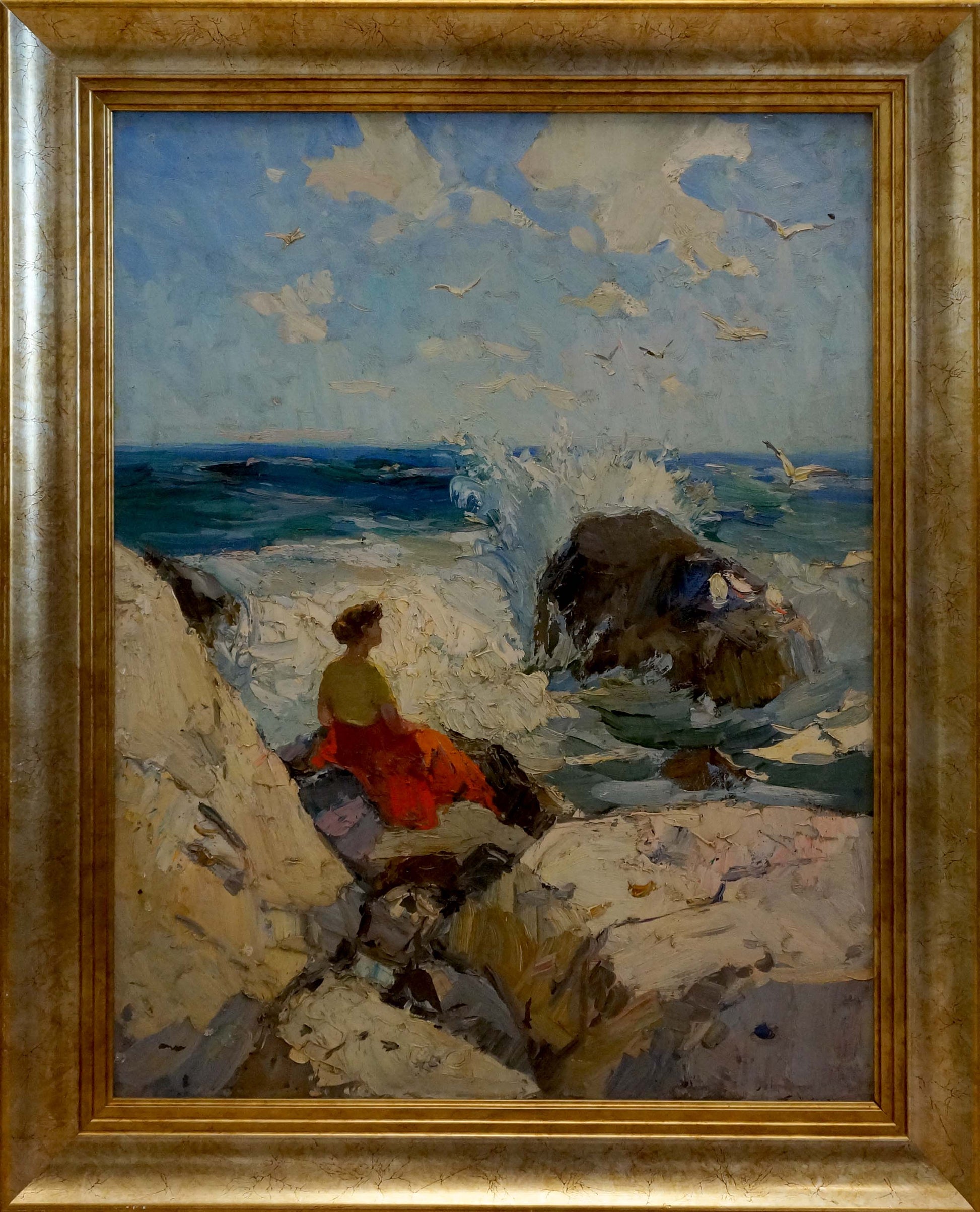 Oil painting by Y. Yarovoy Stepan Kalinovich: woman in red dress on cliffs by ocean