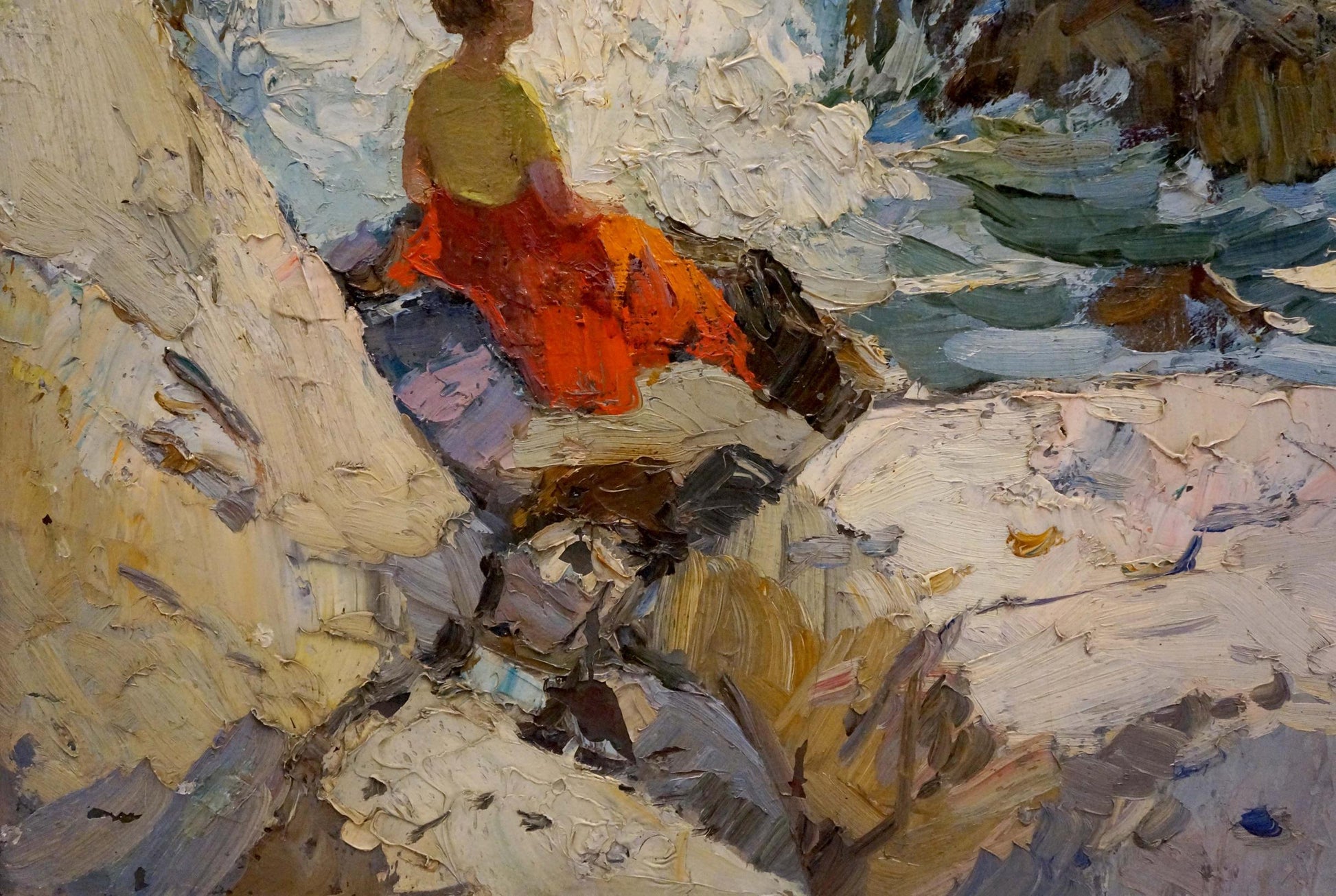 Vibrant orange skirt on rocky terrain by Y. Yarovoy Stepan Kalinovich oil painting