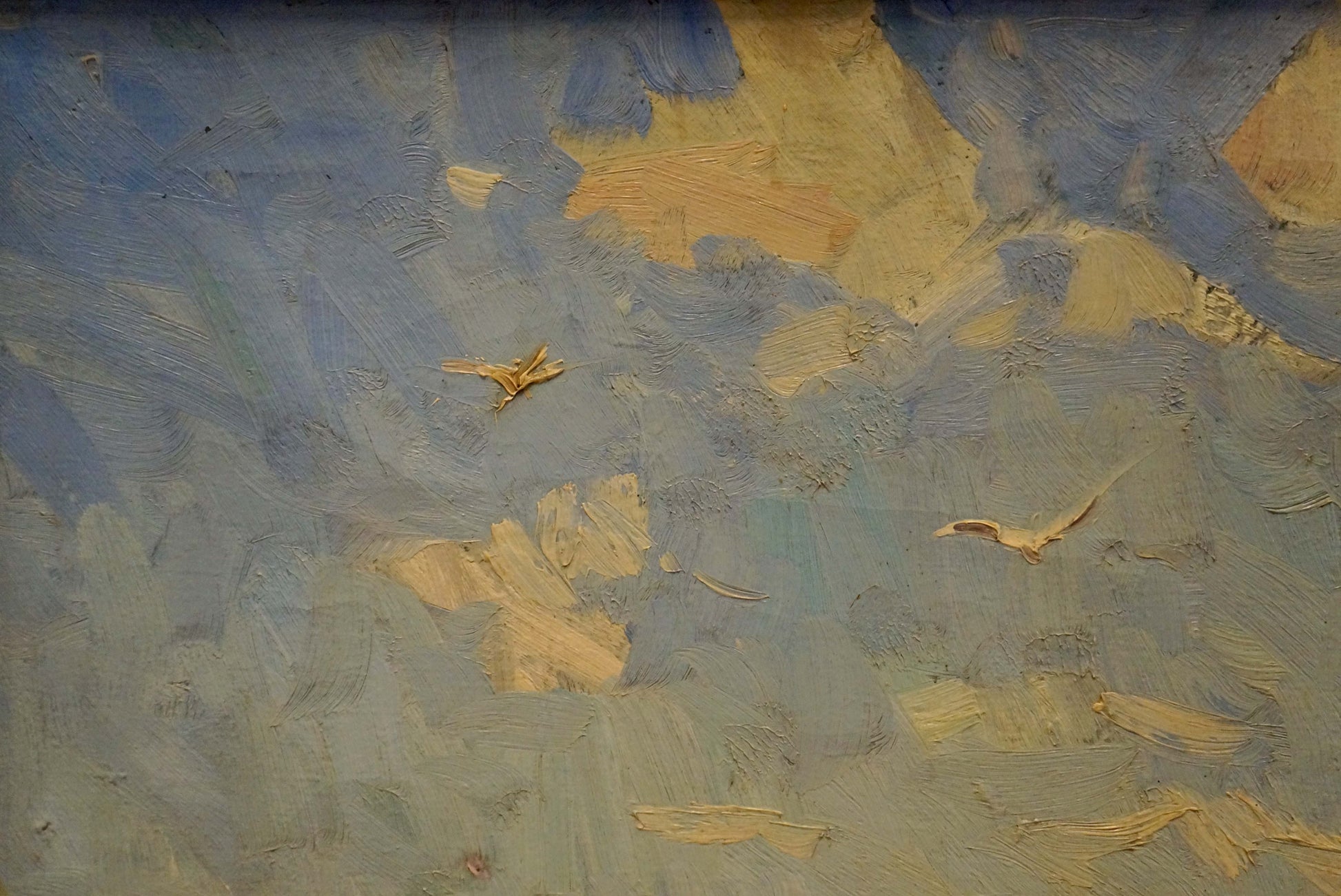 Textured oil painting by Y. Yarovoy Stepan Kalinovich: blue-gold clouds, earthy birds
