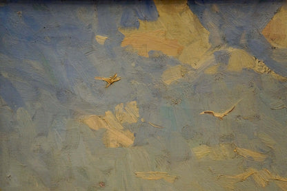 Textured oil painting by Y. Yarovoy Stepan Kalinovich: blue-gold clouds, earthy birds