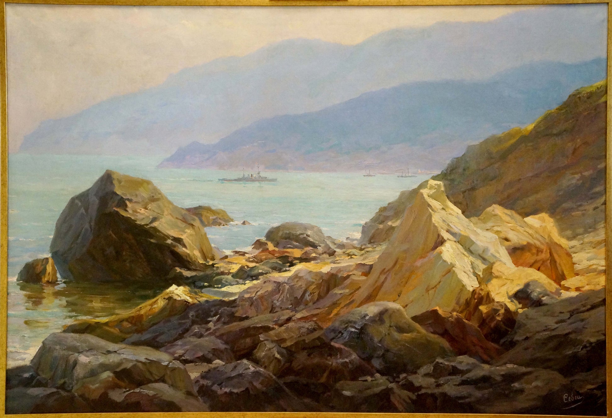 Framed oil painting of coastal rocks, distant ships and mountains by Sevets Victor Stepanovich