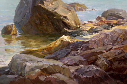Textured oil painting of sunlit coastal rocks and distant ships by Sevets Victor Stepanovich