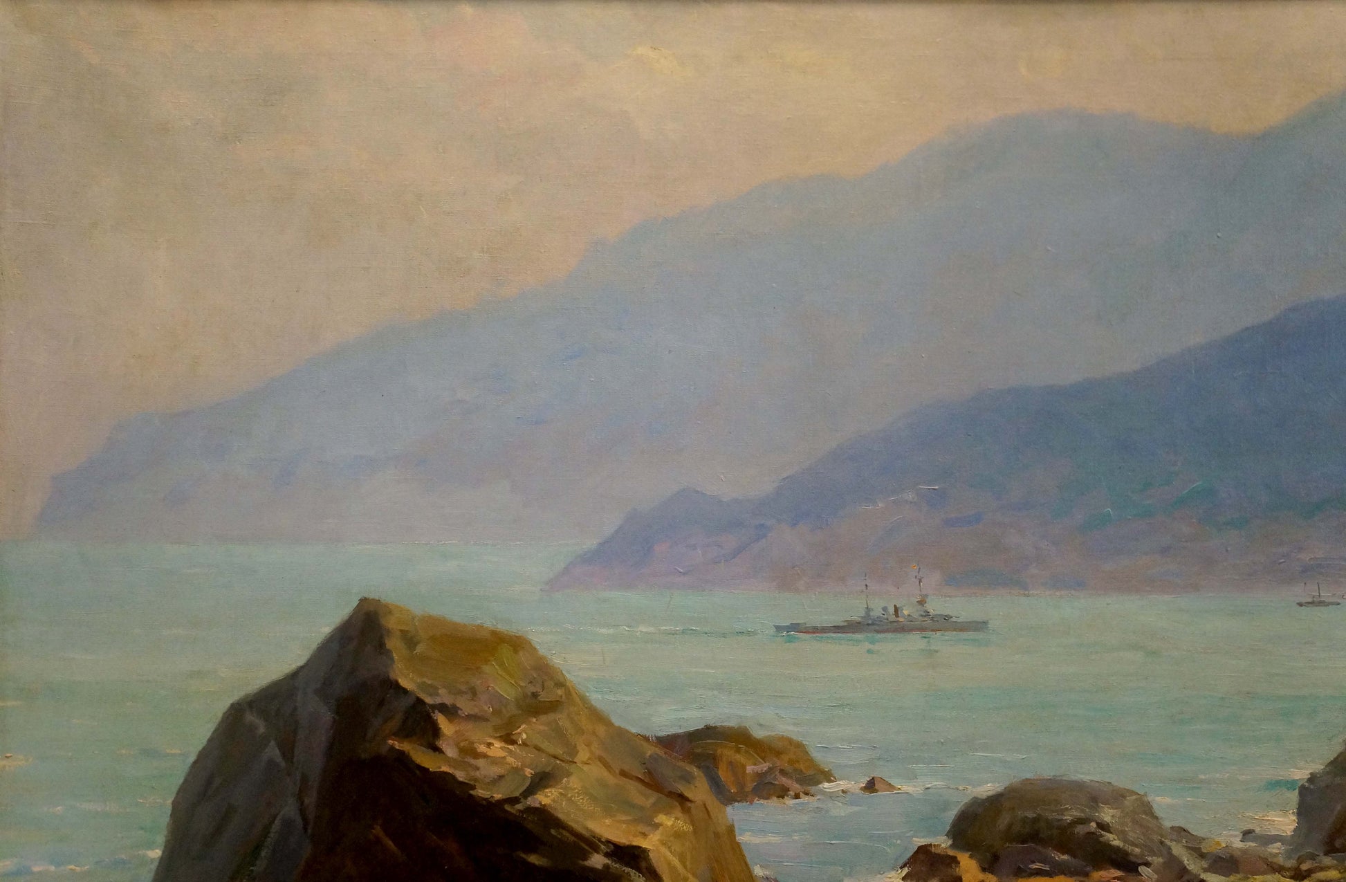 Oil painting by Sevets Victor Stepanovich: distant ship on calm waters with misty mountains