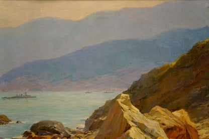 Oil painting by Sevets Victor Stepanovich: serene coastal landscape with distant ships