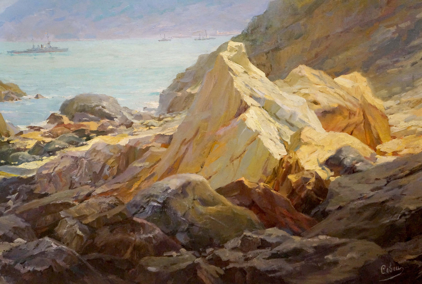 Oil painting by Sevets Victor Stepanovich: sunlit ochre-gray rock formations, distant ships