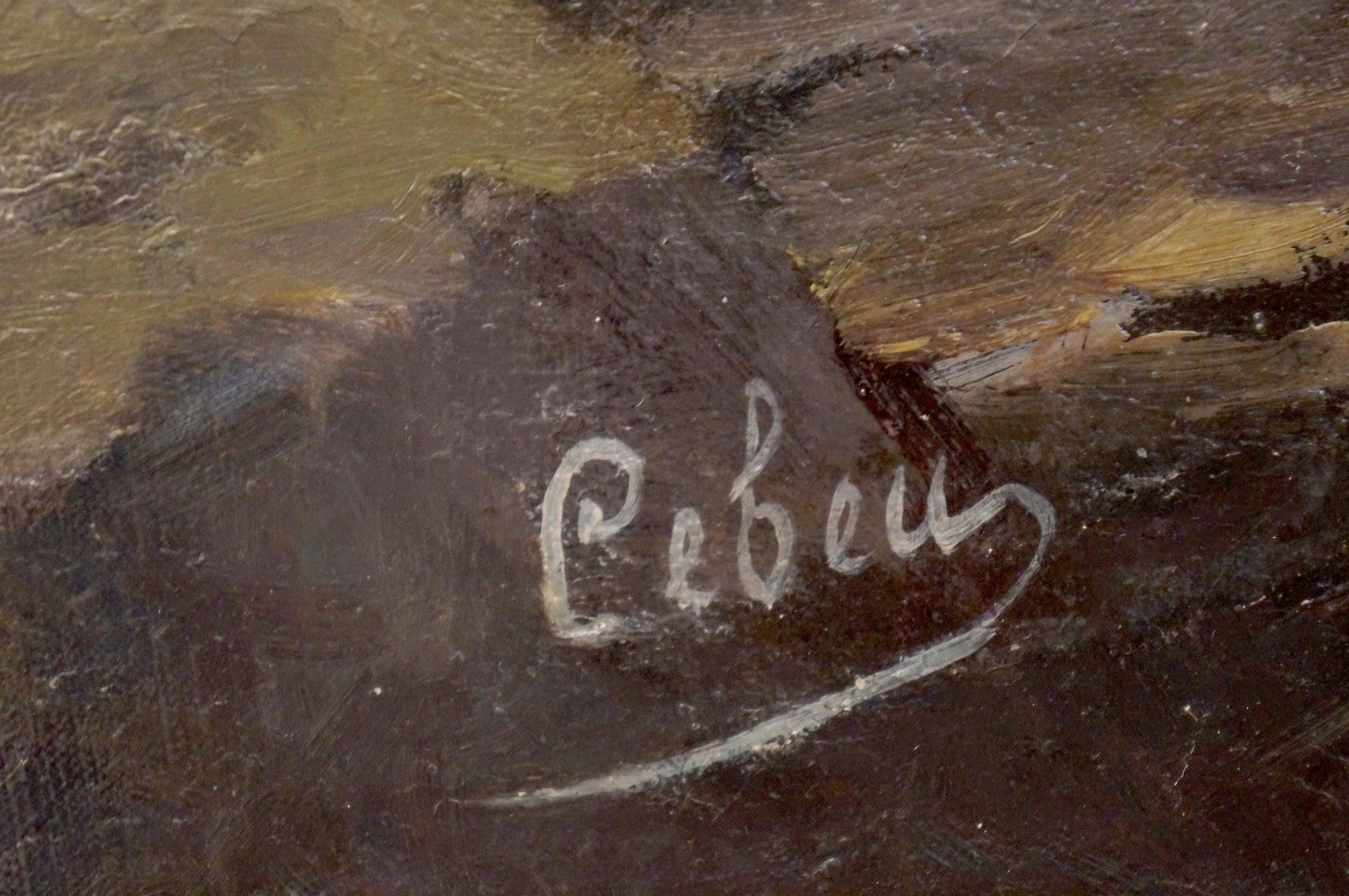 White cursive Rebey signature on back of Sevets Victor Stepanovich oil painting