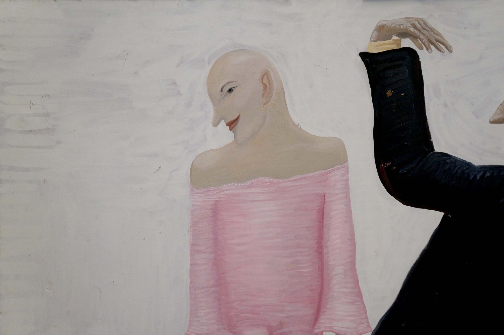 Abstract oil painting of bald figure in pink dress, Dance Gipper Puper