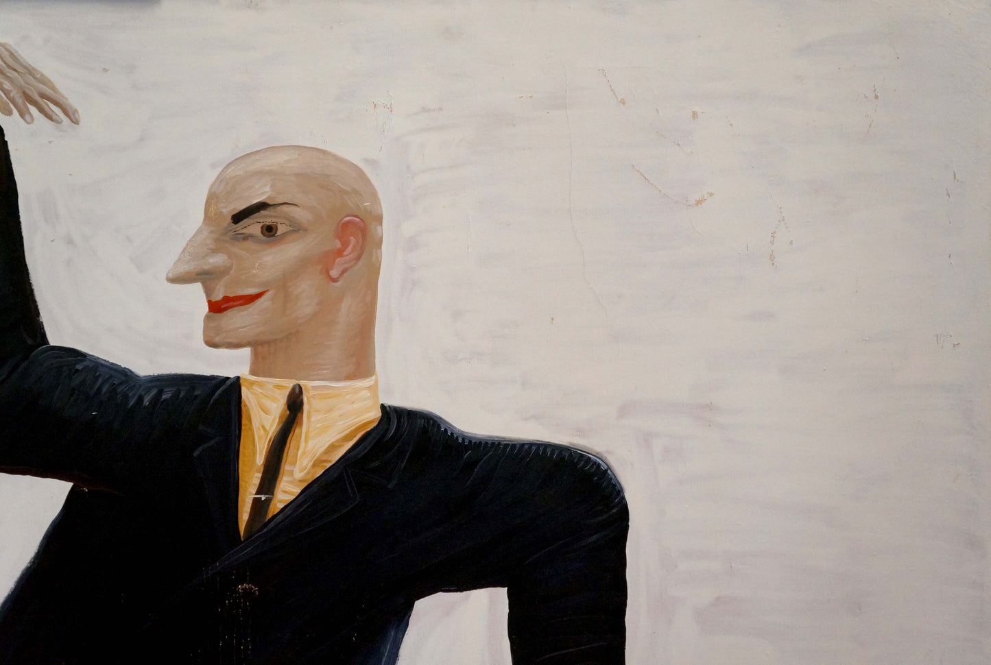 Abstract oil painting Dance Gipper Puper stylized figure in black suit yellow shirt tie