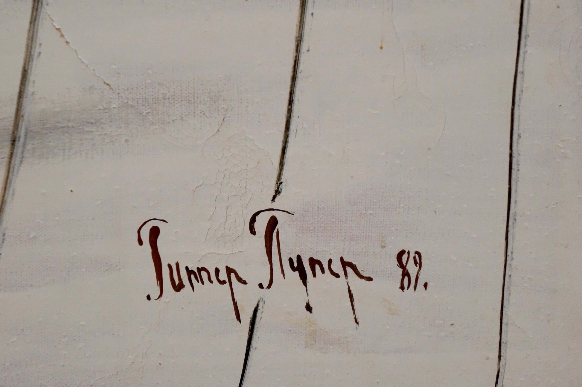 Reddish-brown Tanner cursive signature on back of Abstract oil painting Dance Gipper Puper
