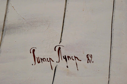 Reddish-brown Tanner cursive signature on back of Abstract oil painting Dance Gipper Puper