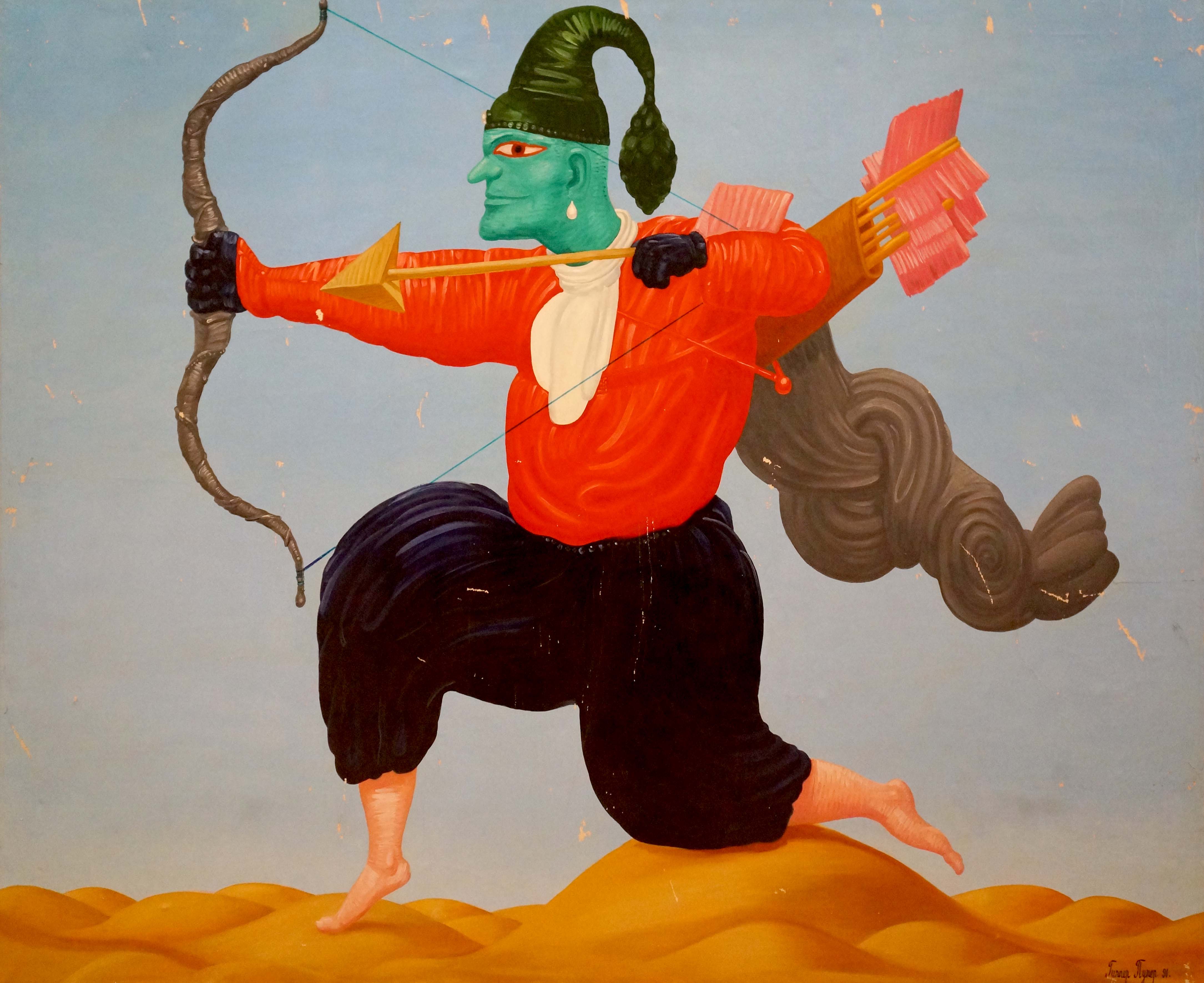 Vibrant green archer portrait by Kuznetsov Victor Alexandrovich abstract oil painting