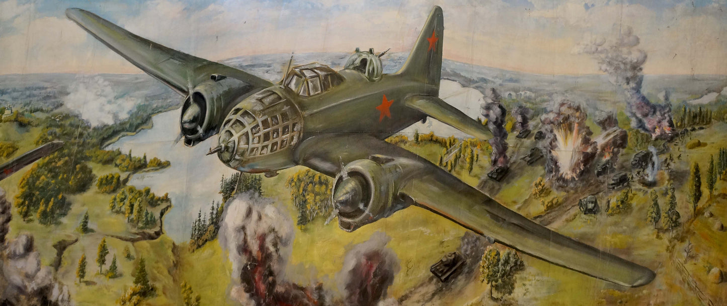 Olive green Soviet IL-2 Sturmovik with red star over battlefield oil painting