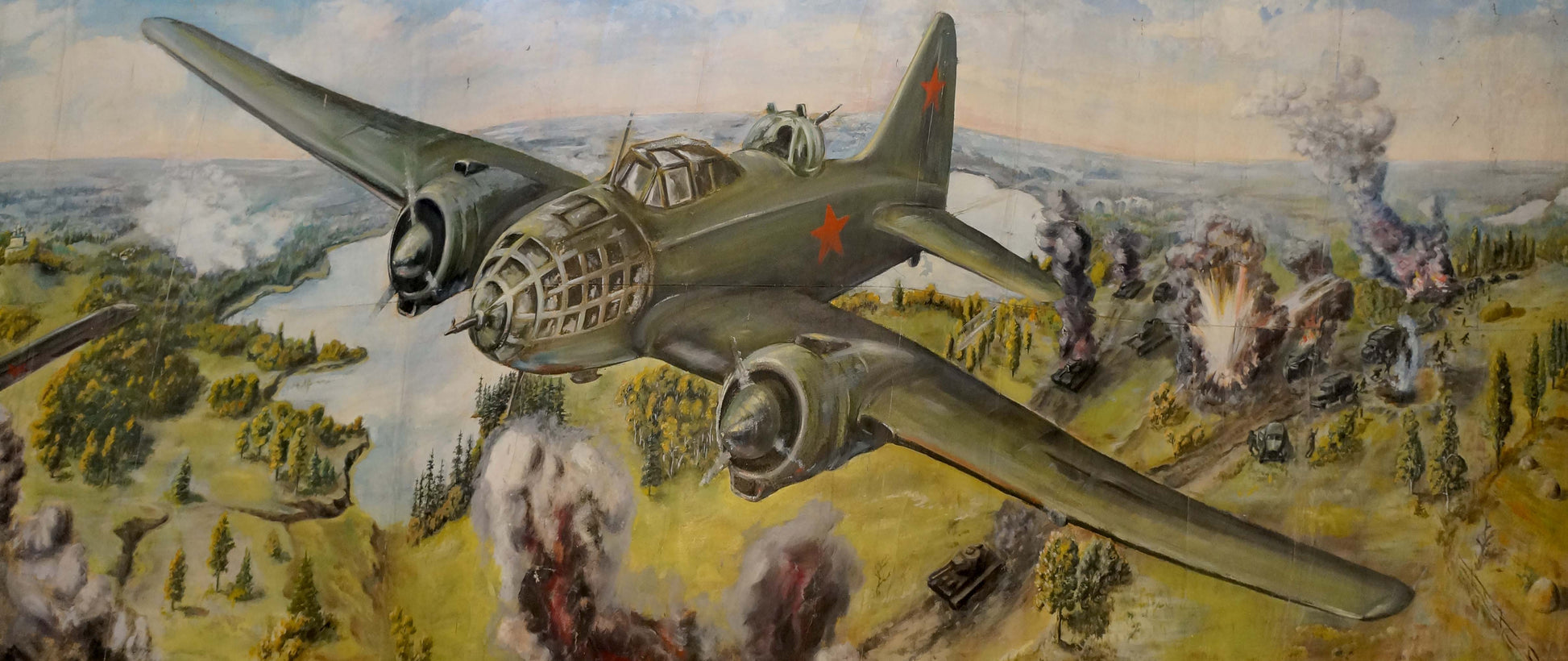 Olive green Soviet IL-2 Sturmovik with red star over battlefield oil painting