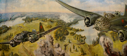 Vintage oil painting of olive-drab aircraft with red stars over battlefields