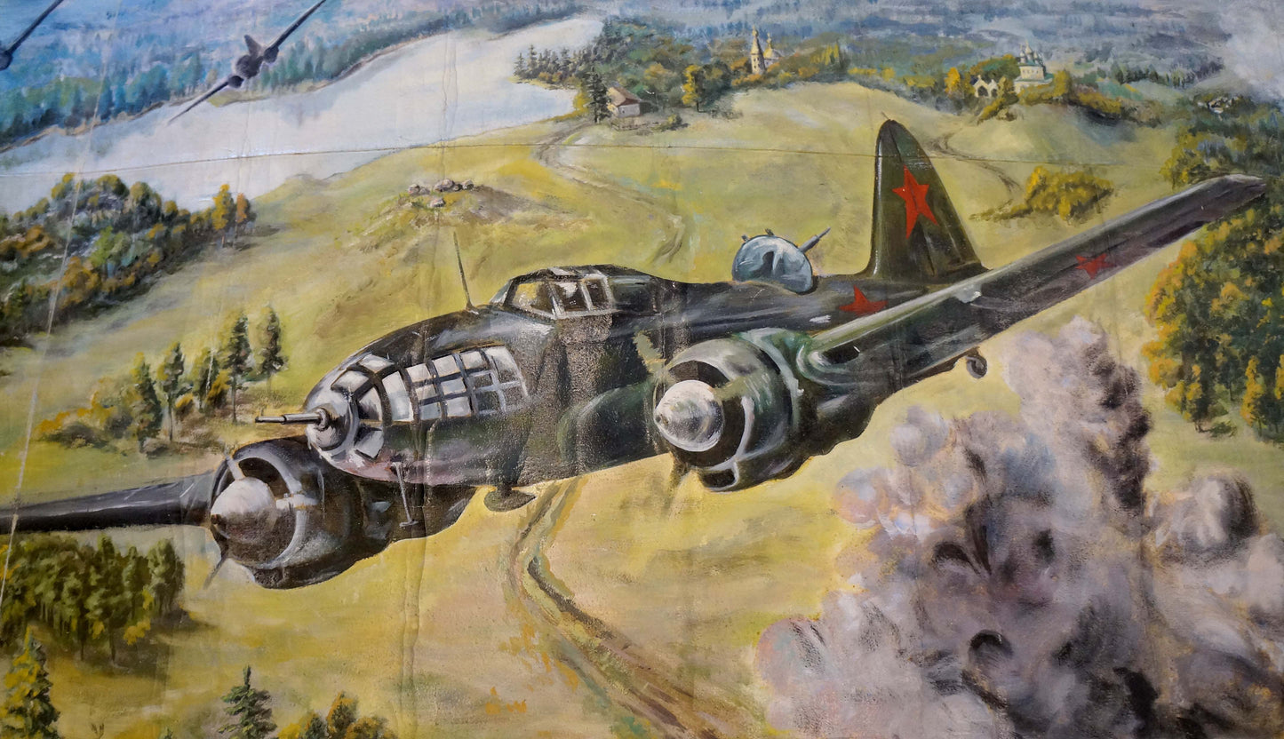 Soviet Il-2 Sturmovik oil painting over war-torn battlefield