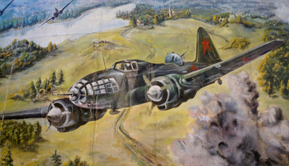 Soviet Il-2 Sturmovik oil painting over war-torn battlefield