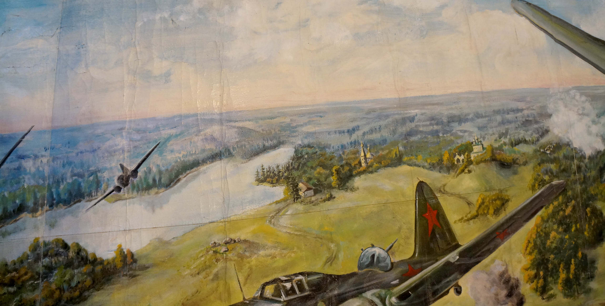 Vintage soviet fighter plane mural over rural landscape, Oil painting Battlefields