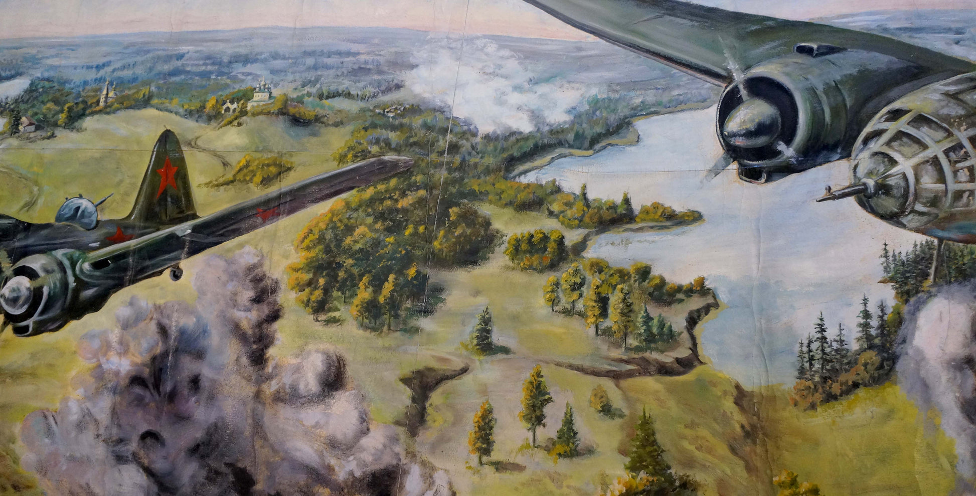 Oil painting Battlefields: dark green plane with red star over smoky landscape
