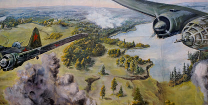 Oil painting Battlefields: dark green plane with red star over smoky landscape