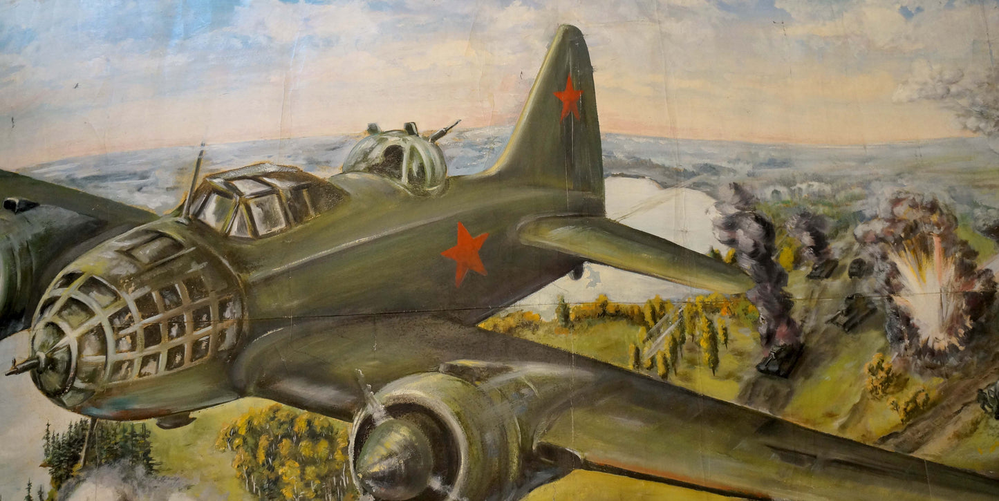 Oil painting Battlefields: olive green military bomber with red star insignia