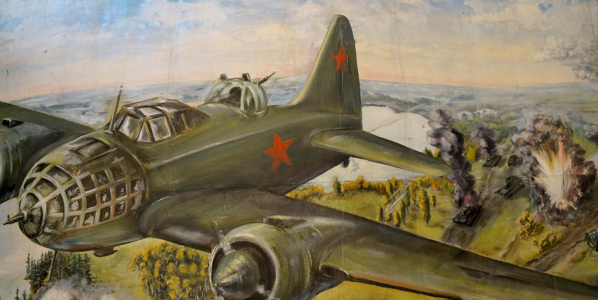Oil painting Battlefields: olive green military bomber with red star insignia