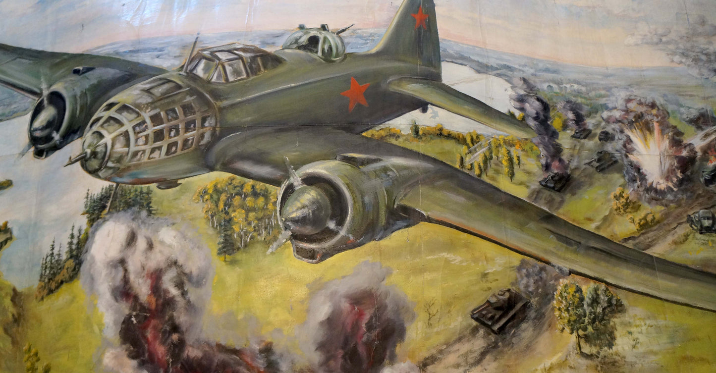 Olive green Soviet bomber with red star in dynamic battlefield attack oil painting