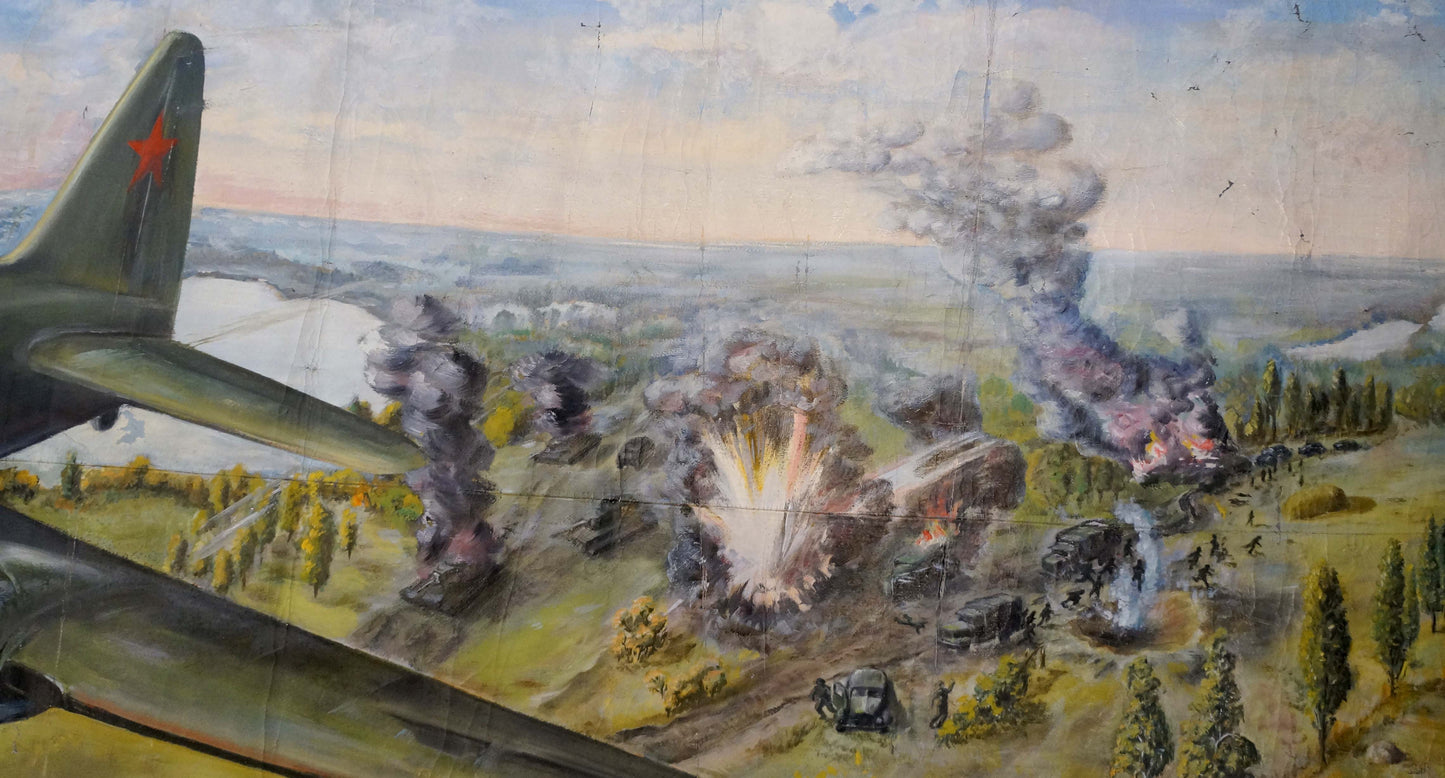 Weathered mural of red star aircraft over explosive battlefield in Oil painting Battlefields
