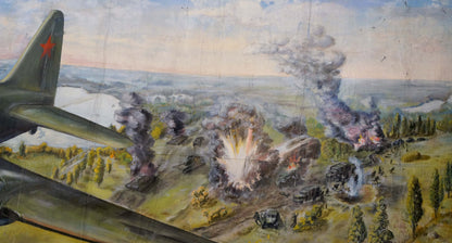 Weathered mural of red star aircraft over explosive battlefield in Oil painting Battlefields