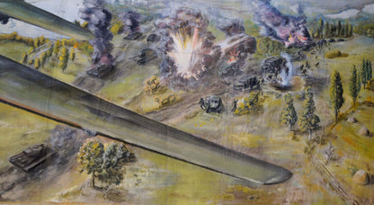 Detailed oil painting of battlefield with explosions, tanks, soldiers under overcast sky
