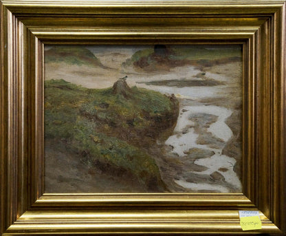 Framed oil painting of misty coastal landscape by Sergei Ivanovich Svetoslavsky