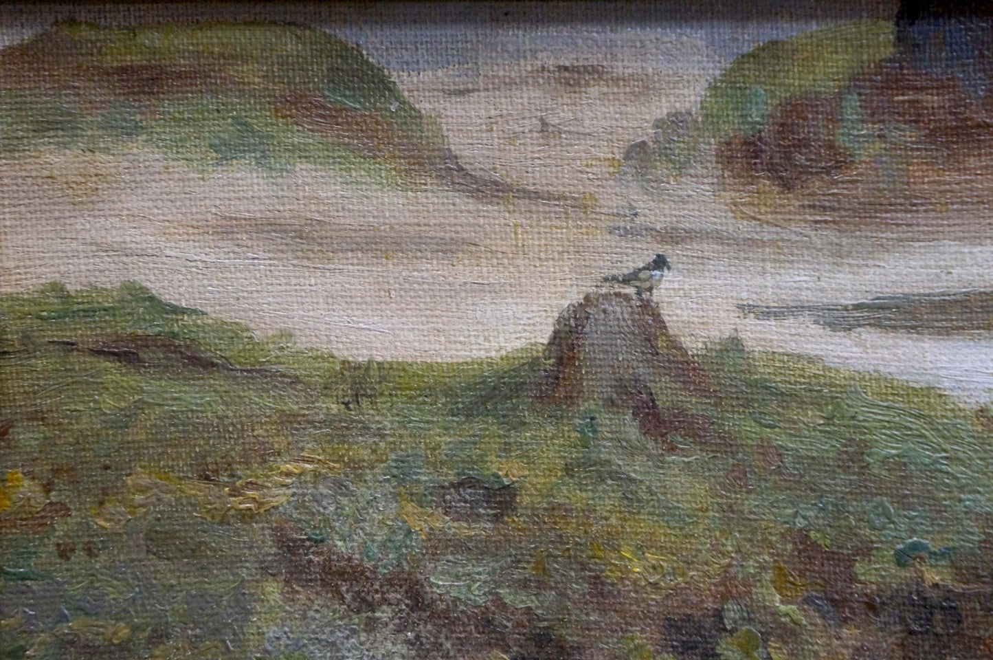 Oil painting of small black-and-white bird on rocky outcrop in Sergei Ivanovich Svetoslavsky river landscape